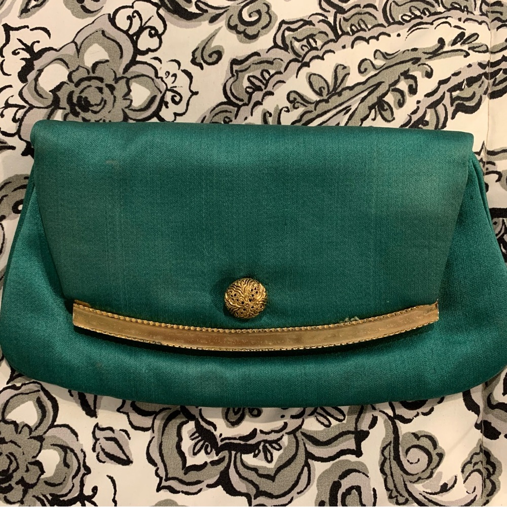 Elegant Teal Satin Clutch with Gold Accents